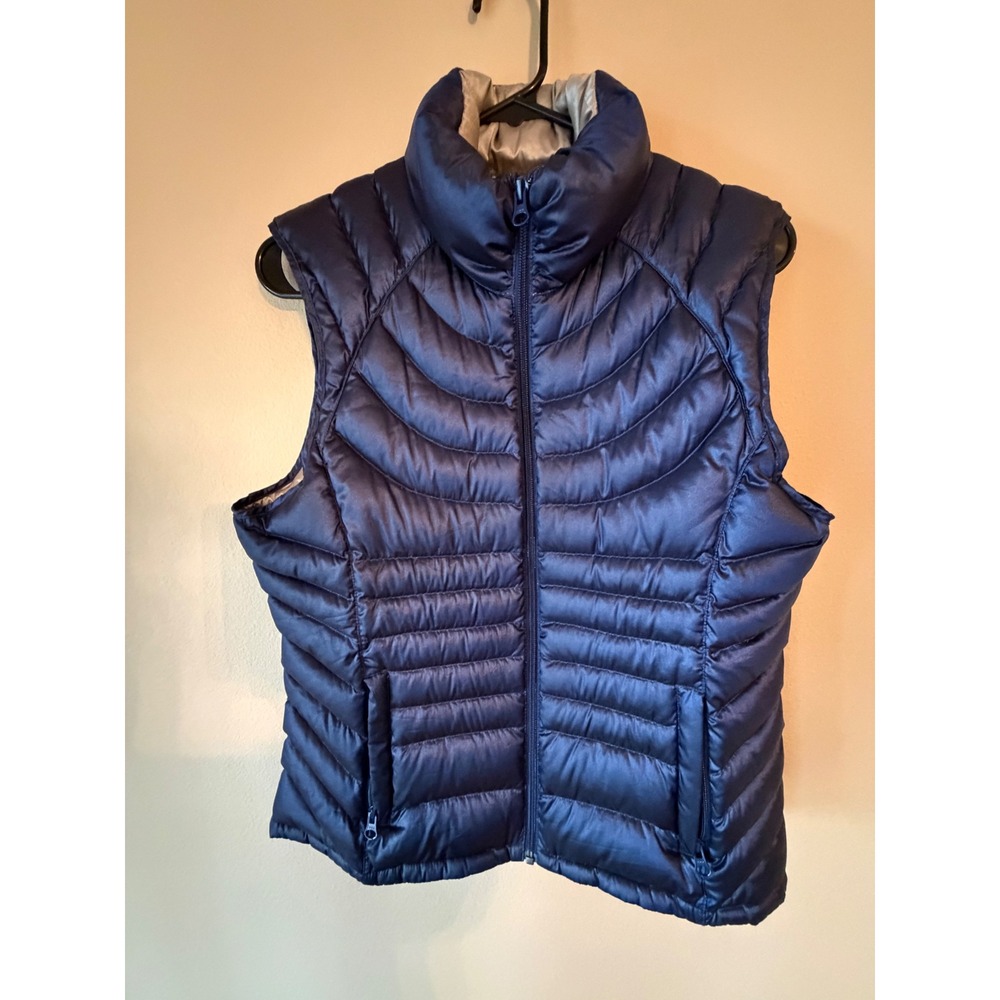 Bernardo Womens Navy Blue Goose Down Quilted Puffer Vest Size M Chevron Pockets